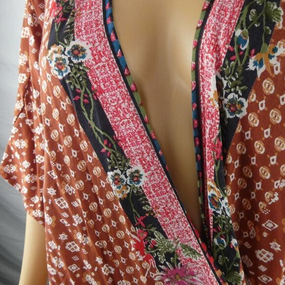 Angie Boho Open Front Rust Brown Orange Kimono Robe Batwing Sleeve Large Floral - Picture 6 of 9
